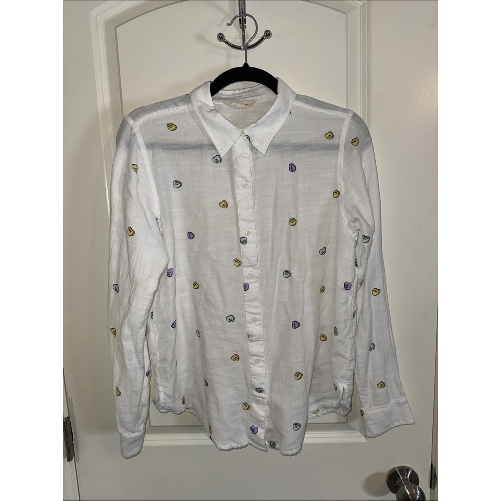 Lucky Brand White LS Button Down Shirt‎ Sz Small Conversation Hearts Valentines